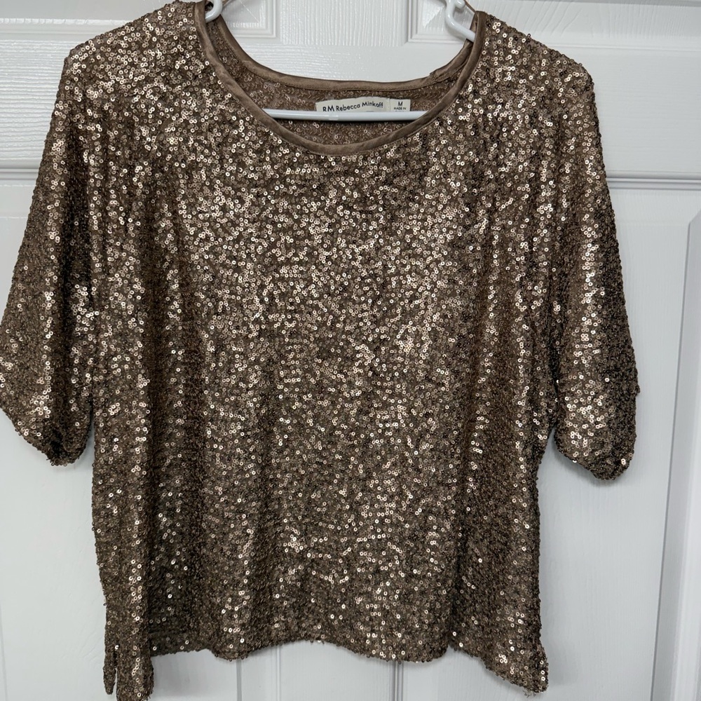 Rebecca Minkoff Bronze Sequin Short Sleeve Top